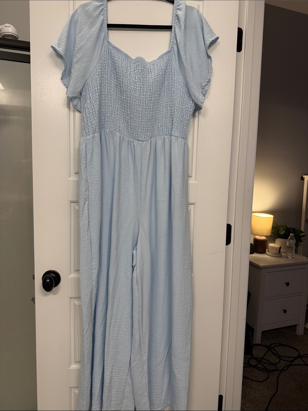 Smocked Light Blue Wide-Leg Jumpsuit with Flutter Sleeves